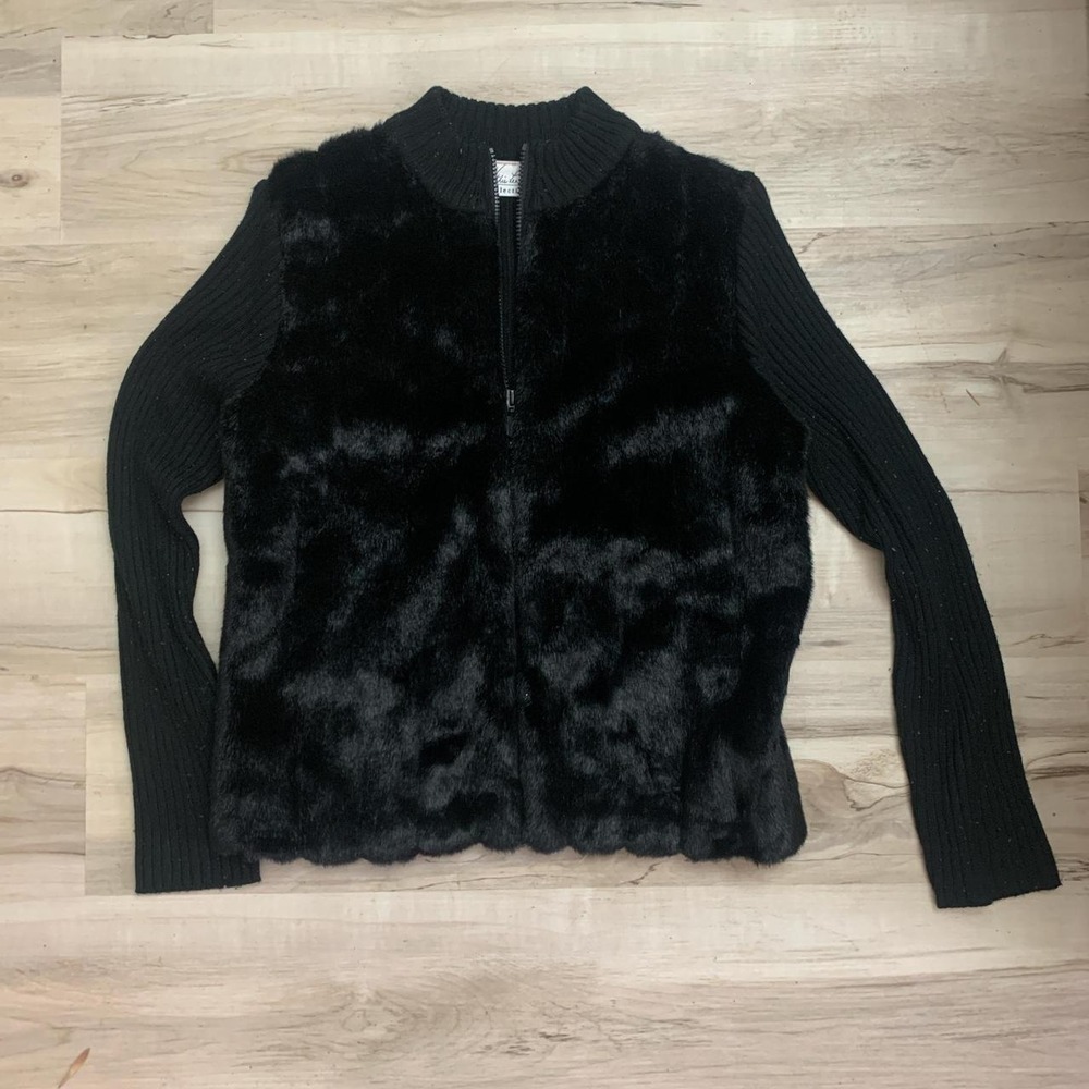 Kathie Lee Collection Vintage 90s Faux Fur Zip Up Sweater Black Medium KLF01-056